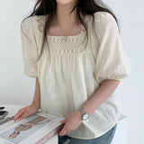 Crochet Square Collar Puff Sleeve Blouse-Outfit
