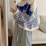New 2022 Chic Korean Fashion Bow Striped Sweaters Knitted Women Autumn Winter Oversized Elegant Short Tops