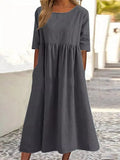 Fongt Cotton-Sleeved Short-Sleeved Pocket Folded Loose Round-Neck Dress In Summer