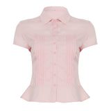 Fongt Style Organ Folds Solid Color POLO Collar Short-Sleeved Shirt To Close Short Buckle Umbilical Top