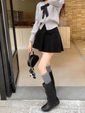 Bow Solid High Waist Pleated A-line Skirt-Outfit