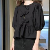 Fashion Casual Leopard Print Hollowed-Out Lace-Up Bubble Sleeve Shirt Women's Top-Outfit