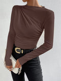 Fongt Summer Solid Color Round Collar Repair Shirt Bran Folding Design Women's Long-Sleeved Top
