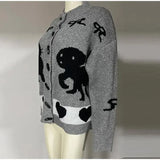 Bow Printed Knitted Cardigan-Outfit