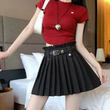 Bow Solid High Waist Pleated A-line Skirt-Outfit