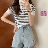 Chic Chromic Design With A Chic Polo Collar Knitted Shirt For Women's Summer T-Shirt Striped Short