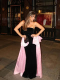 Black Strapless Large Pink Sides Bow Maxi Dress-Outfit