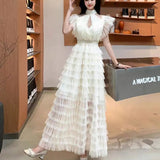 Fongt Niche Elegant Dress Women's High-End Lace Short Sleeves To Show Thin Multi-Layer Pongeist Long Dress