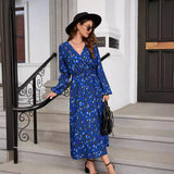 Women's Clothing Station Autumn And Winter Leopard Grain Open Fork Closed Waist Long-Sleeved Dress-Outfit