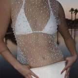 Fongt 2024 Explosion Women's Bubble Beads Net Yarn Perspective Sexy Sleeveless Vest