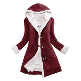 Women Casual Knit Ox Horn Button Coat Long Sleeve Sweater Cashmere Thick Warm Hooded Cardigan Coat Solid Comfy Knitwear Coat-Outfit