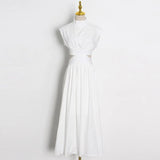 TWOTWINSTYLE Solid Cut Out Dress For Women Stand Collar Sleeveless High Waist Minimalist Midi Dresses Female Clothes Fashion