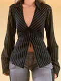 striped long sleeve blouse with V-neck and