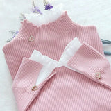 Patchwork Warm Sweater Women Elegant Long Sleeve Slim Turtleneck Knitted Pink Tops Chic Ruffle Pullover Fake 2