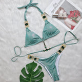 Fongt New Strap Neck Bikini Sexy Shiny Gold Crystal Diamond Swimsuit