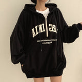 Vintage Letter Print Pullover Zipper Hoodie-Outfit