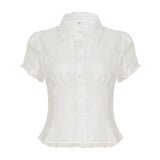 Fongt Small Fragrant Pure Girl Bubble Sleeve Strapped With Wood Ear Age Reduction Netcloak Umbilly Short-Sleeved Top