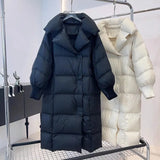 Korean Version Long Down Jacket Female 2024 Winter New Fashion Add Thick Puff Feeling Loose Over The Knee Coat Tide Large Size-Outfit