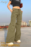 Women's Pocket Casual Pant Vintage Fashion Self Cultivation Low Rise Waist Straight Drawstring Trouser Simple Casual Cargo