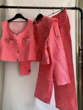 Spring New Small Fragrance 3 Piece Set For Women Tweed Jacket Blazer Coat Single Breasted Vest High Waist Wide Leg