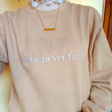 Love Never Fails Butterfly Embroidered Khaki Crewneck Sweatshirt-Outfit