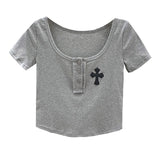 Square Collar Crop Tops Black Cross Appliques Solid T Shirts Skinny Basic Office Lady Streetwear Summer Casual Korean Ins-Outfit