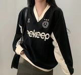 Preppy Contrast Color Letter Print V Neck Sweatshirt-Outfit