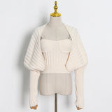 Casual Knitted Women's Suit Square Collar Sleeveless Top Solid Long Sleeve Coat Slim Two Piece Set Women 2021