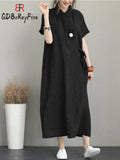 Dress Women Cotton Linen Vintage Casual Loose Oversie Lapel Short-sleeved Dress New In Mid-length Long Dress for Women-Outfit