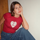 Basic Cherry Heart-Shaped Printed Round Collar Slim Red Short-Sleeved T-Shirt New Spring / Summer 2024 Style-Outfit