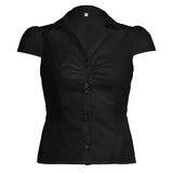 Fongt New Temperamental Femininity Polo Collar Short-Sleeved Shirt Hottie Street Commute Wrinkles On The Top