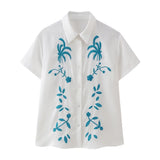 Fongt Spring / Summer Holiday Wind New Women's Cotton And Linen Embroidered Short Sleeve Shirt Drawn Rope Shorts Two Sets-Outfit