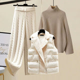 Warm 3 Piece Sets Womens Outfits Office Ladies Turtleneck Knitted Sweater+woolen Parkas Vest+wide Leg Knitting Pants