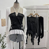 Dark Tidal Irregular Hanging Neck Tie With Hollow Spliced Niche Pads On The Shoulder With Long-Sleeved T-Shirt