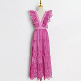 TWOTWINSTYLE Solid Sexy Dress For Women V Neck Butterfly Sleeve High Waist Patchwork Lace Slimming Dresses Female 2022