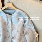 Chinese Blue Jacquard Buckle Coat Women's Spring 2024 New Improved Cheongsam Zen Vintage Blouse-Outfit
