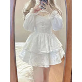 Kawaii Lolita Dress Women Elegant Sweet Lace Ruffles White Strap Dresses Sexy Korean Fashion Birthday Party Fairy Dress-Outfit