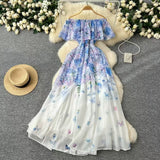 Fongt Shoulder Lotus Leaf Side Waist Print Chiffon Dress Women 2025 Spring New Holiday Temperament Dress