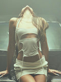 Dark Y2k Punk Sexy Cut Out Women Camis Cyber Techwear Gothic Backless Halter Tops Lace Up Slim Patchwork Streetwear