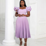 Advanced Casual Light Purple Square Neck Dress Elegant Temperament Casual Commuter Pleated Dress-Outfit