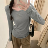 Color Round-Neck Mask T-Shirt Women's Long-Sleeved Spring New Stretch Hem Top With Bottom