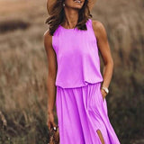 Fongt 2025 Summer Women's Fashion Trend Retro Round-Neck Sleeveless Forked Solid Color Two-Piece