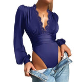 V-neck Long Sleeve Lace Patchwork Bodysuit Women Solid Elegant Women Playsuit Street Spring Autumn Women Body Top