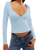 Sexy Deep V-neck Slim Fit Solid T-shirts Tops for Women Long Sleeve Spring Fall Side Split Backless Tees Shirts 2023-Outfit