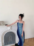 Gradient Blue Patchwork Strap Dress Spring New Ruched Backless A-line Vestidos Sexy Hot Slim Fit Long Robe Mesh Y2k-Outfit