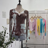 Fake Two Sunscreen Long-Sleeved T-Shirt Women Autumn Design Dizzling Drawstring Folding Short Top