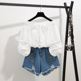 Summer two piece set New Off Shoulder Loose Half Lantern Sleeve Solid Cute Blouse Jean Shorts Two-Piece Outfit Casual