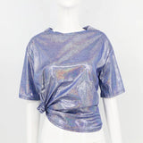 Fongt Ebay Summer Korean Version Loose Shiny Reflective Short-Sleeved T-Shirt Women-Outfit