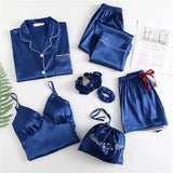 Spring 7 Pieces Set Silk Elegant Women Pajamas stripe Shorts Long Sleeve Tops Elastic Waist Pants Full Lounge