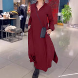 Fongt Autumn And Winter New Leisure Loose Solid Color V Collar Long-Sleeved Dress